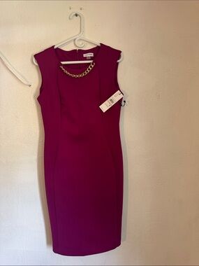 Calvin Klein Magenta Sleeveless Sheath Dress with Gold Chain